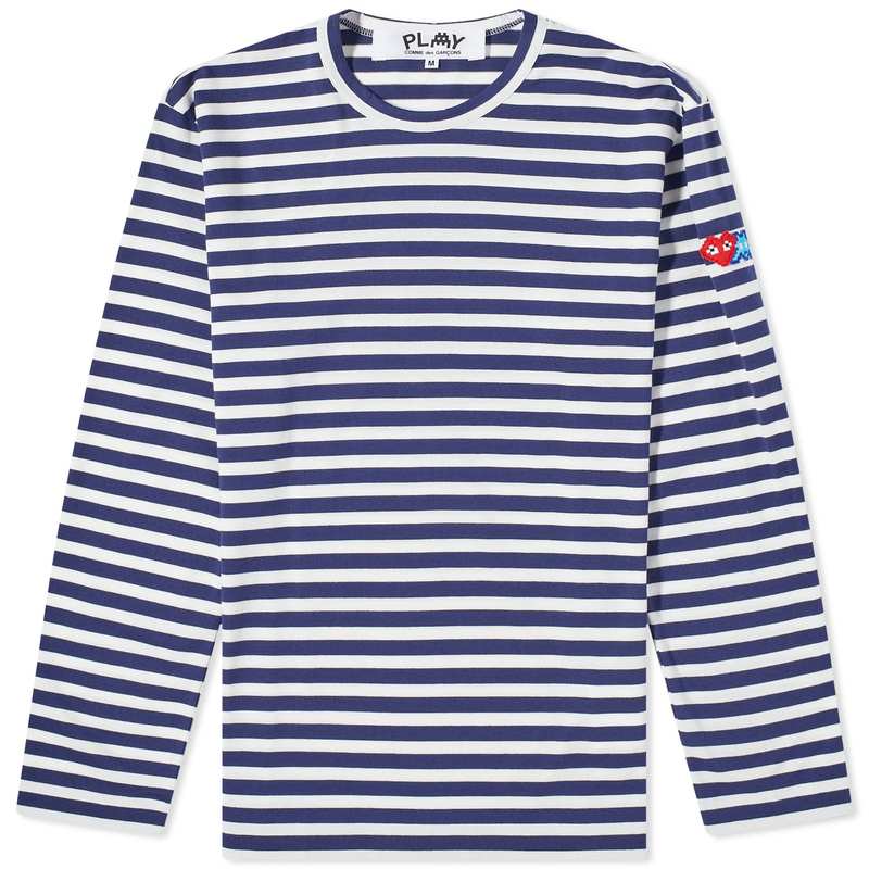  コム・デ・ギャルソン メンズ Tシャツ トップス Comme des Garcons Play Long Sleeve Invader Heart Striped T-Shirt Blue & White