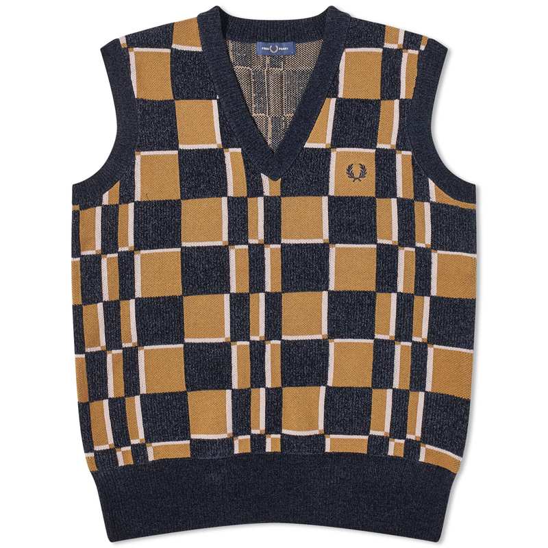 【送料無料】 フレッドペリー メンズ ベスト アウター Fred Perry Glitch Chequerboard Knit Vest Shaded Stone Navy