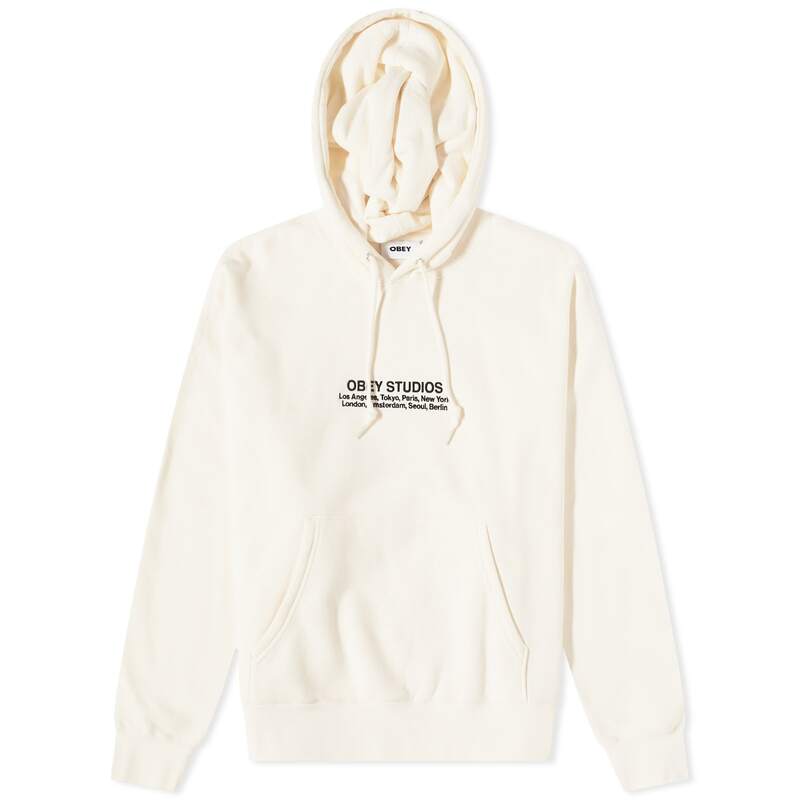 yz IxC fB[X p[J[EXEFbg AE^[ Obey Studios Logo Hoodie Unbleached