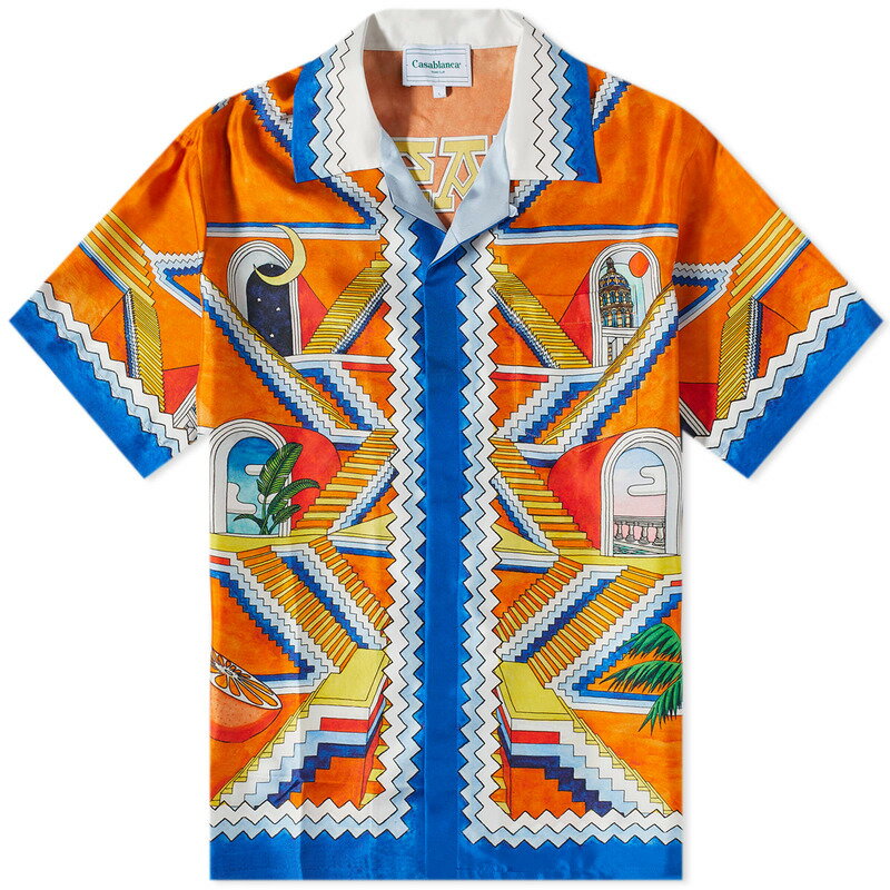  カサブランカ メンズ シャツ トップス Casablanca Escalier Infini Short Sleeve Silk Shirt Orange & Blue