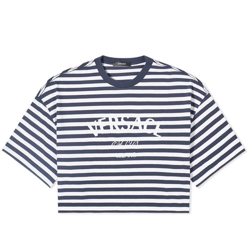 ̵ 륵 ǥ T ȥåץ Versace Crop Stripe Logo T-Shirt White Navy &Multi