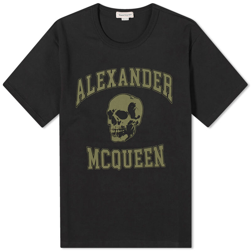 【送料無料】 アレキサンダー マックイーン メンズ Tシャツ トップス Alexander McQueen Varsity Skull Logo T-Shirt Black Khaki