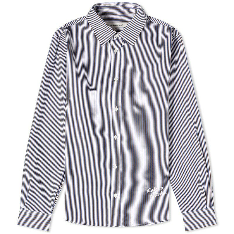 【送料無料】 メゾンキツネ メンズ シャツ トップス Maison Kitsune Handwriting Logo Classic Stripe Shirt White Brown Blue