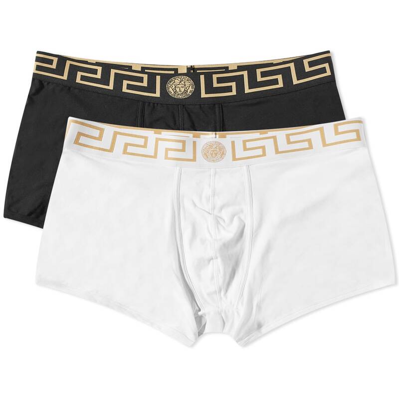 【送料無料】 ヴェルサーチ メンズ ボクサーパンツ アンダーウェア Versace Greek Logo Waistband Boxer - 2 Pack Black Gold & White