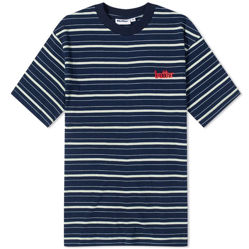 【送料無料】 バターグッズ メンズ Tシャツ トップス Butter Goods Park Stripe T-Shirt Black Sky & Banana