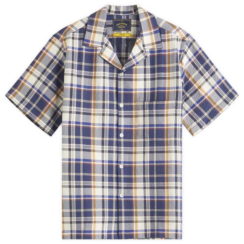 【送料無料】 ポーチュギースフランネル メンズ シャツ トップス Portuguese Flannel Prainha Check Seersucker Vacation Shirt Blue & White