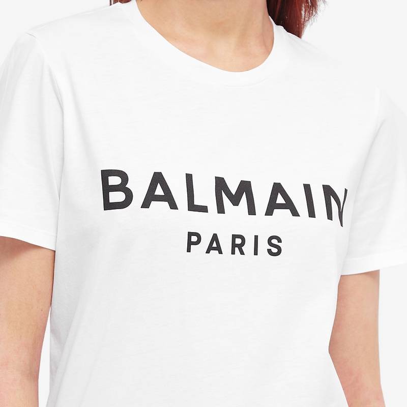 バルマン レディース Tシャツ トップス Balmain Large Logo Tee White & Black