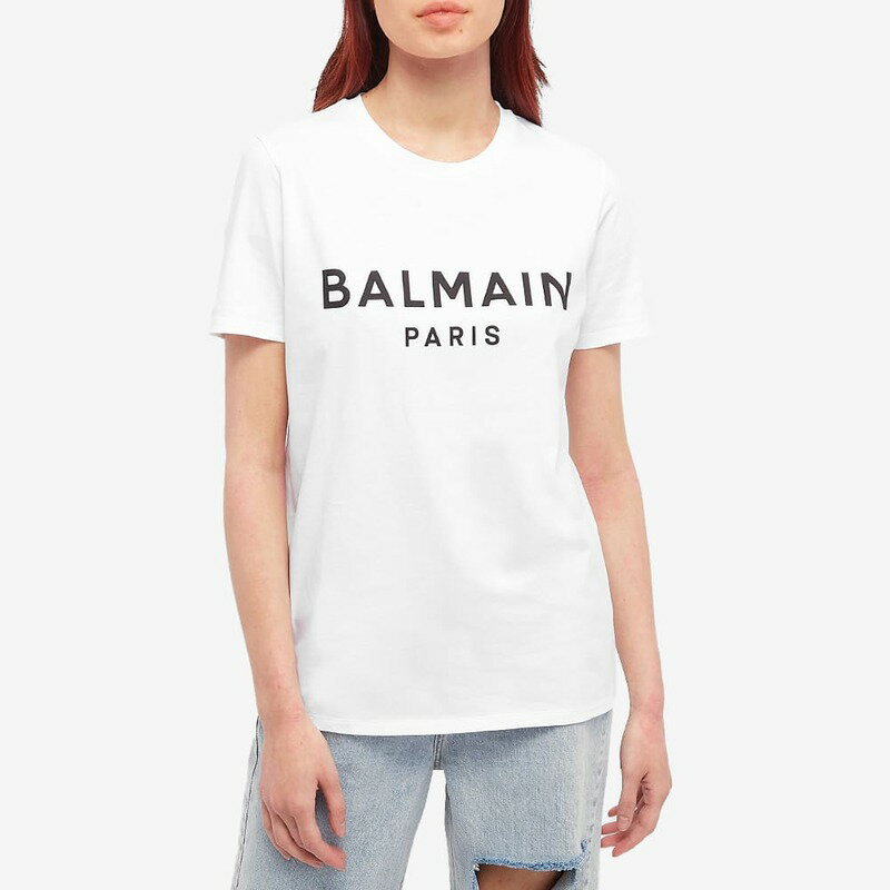 バルマン レディース Tシャツ トップス Balmain Large Logo Tee White & Black