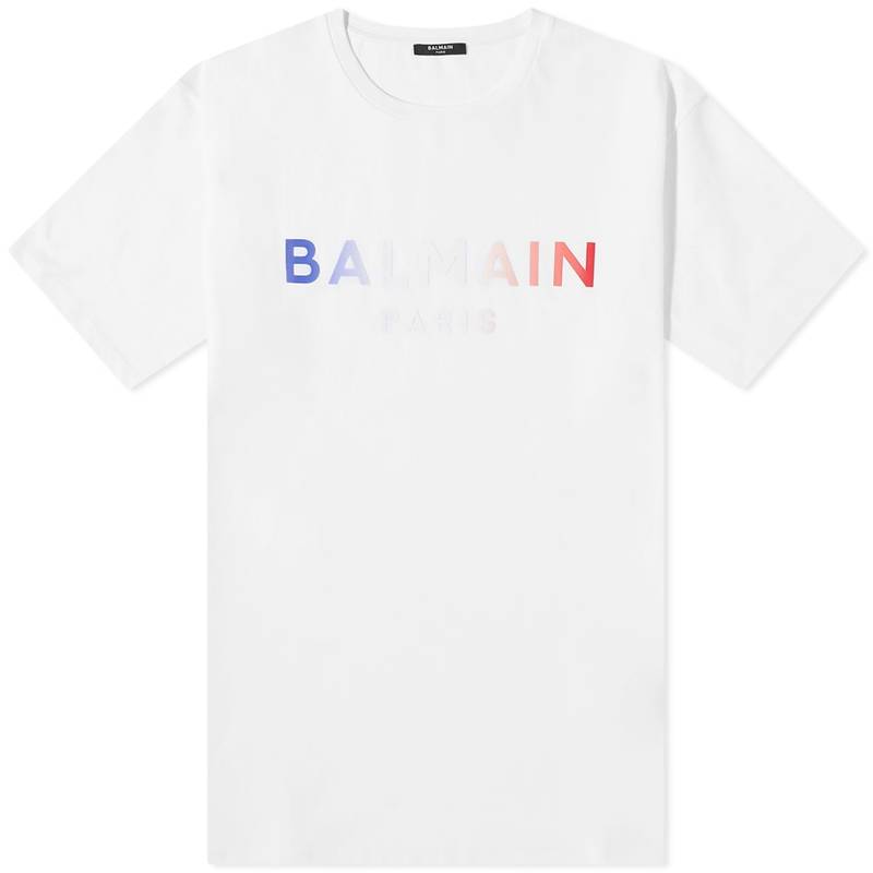 バルマン メンズ Tシャツ トップス Balmain Gradient Paris Logo Tee Blanc