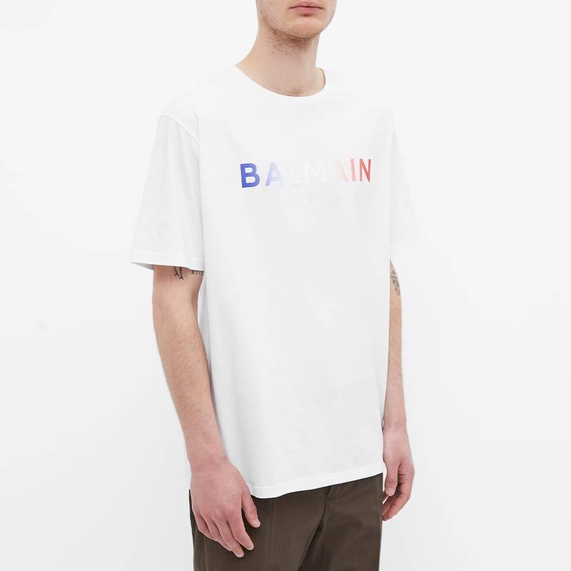バルマン メンズ Tシャツ トップス Balmain Gradient Paris Logo Tee Blanc