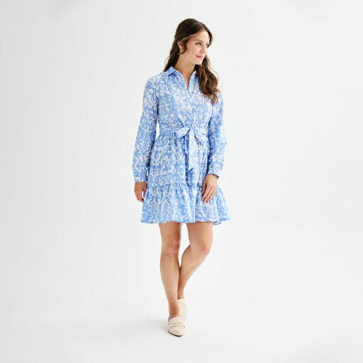 【送料無料】 エレントレイシー レディース ワンピース トップス Women's Ellen Tracy Shirt Dress with Self Tie and Ruffle Hem Blue Damask 【送料無料】 エレントレイシー レディース ワンピース トップス Women's Ellen Tracy Shirt Dress with Self Tie and Ruffle Hem Blue Damask
