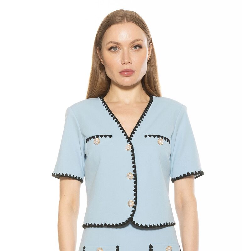 【送料無料】 アレクシアアドマー レディース ジャケット・ブルゾン アウター Women's ALEXIA ADMOR Willa Short Sleeve Embroidered Edge Jacket Top Halogen Blue