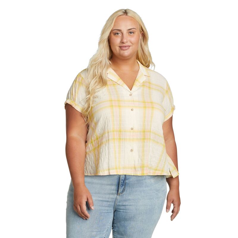 【送料無料】 エディー バウアー レディース シャツ トップス Plus Size Eddie Bauer Plaid Packable Camp Shirt Gold Dust