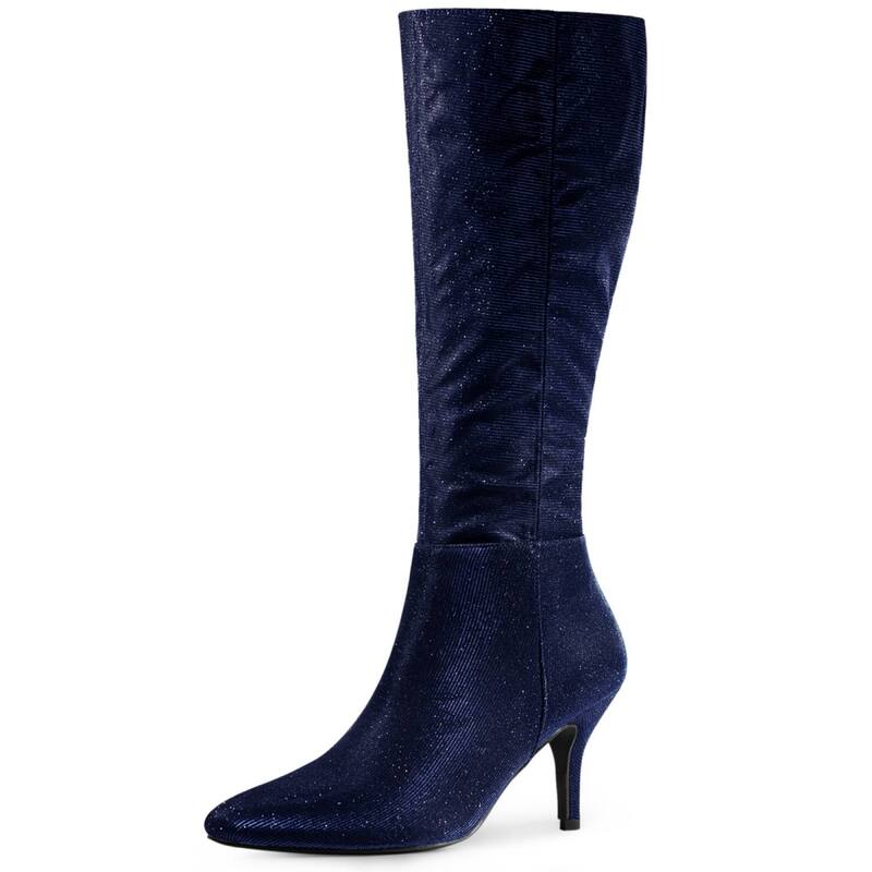 アレグラ ケー レディース シューズ ブーツ・レインブーツ ヒール ALLEGRA K Women'sparkle Glitter Pointy Toe Stiletto Heel Knee High Boots Deep Blue ブルー