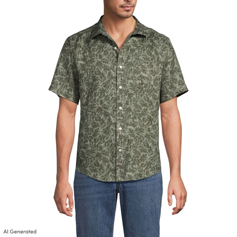ランズエンド レディース トップス Tシャツ ダウン リネン Men's Lands' End Traditional-Fit Linen Button-Down Shirt Forest Moss Palms フォレスト