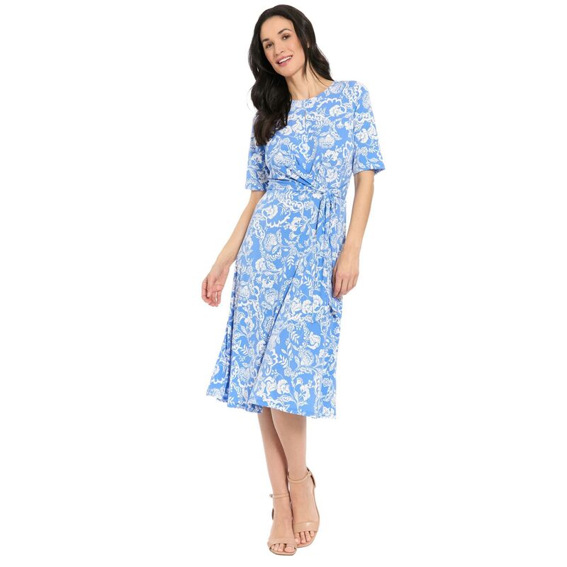 ロンドンタイムス レディース トップス ワンピース ミディ Women's London Times Elbow Sleeve Side Tie Fit & Flare Midi Light Blue White ホワイト