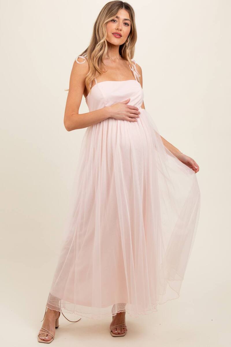 ピンクブラッシュ レディース トップス ワンピース チュール マタニティ マキシ PinkBlush Maternity Pink Square Neck Shoulder Tie Tulle Maxi Dress Light Pink ピンク