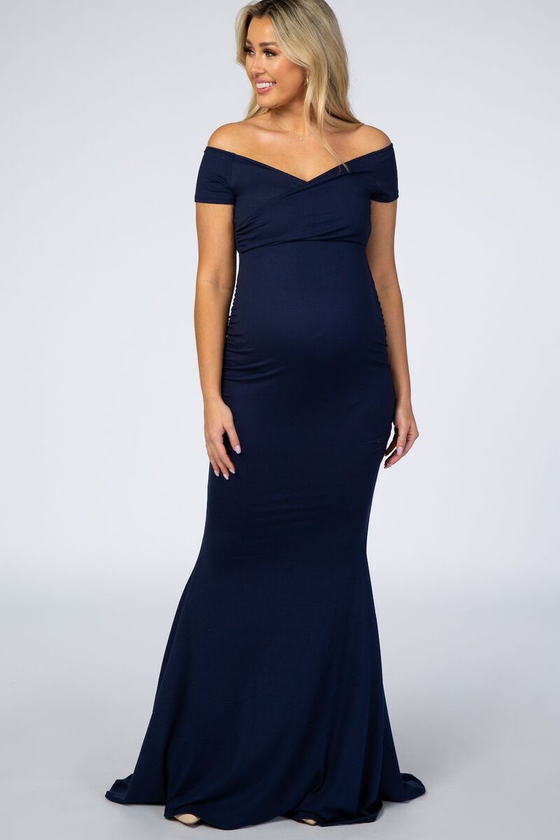 ピンクブラッシュ レディース トップス ワンピース マタニティ PinkBlush Maternity Navy Off Shoulder Wrap Maternity Photoshoot Gown/Dress Blue ブルー