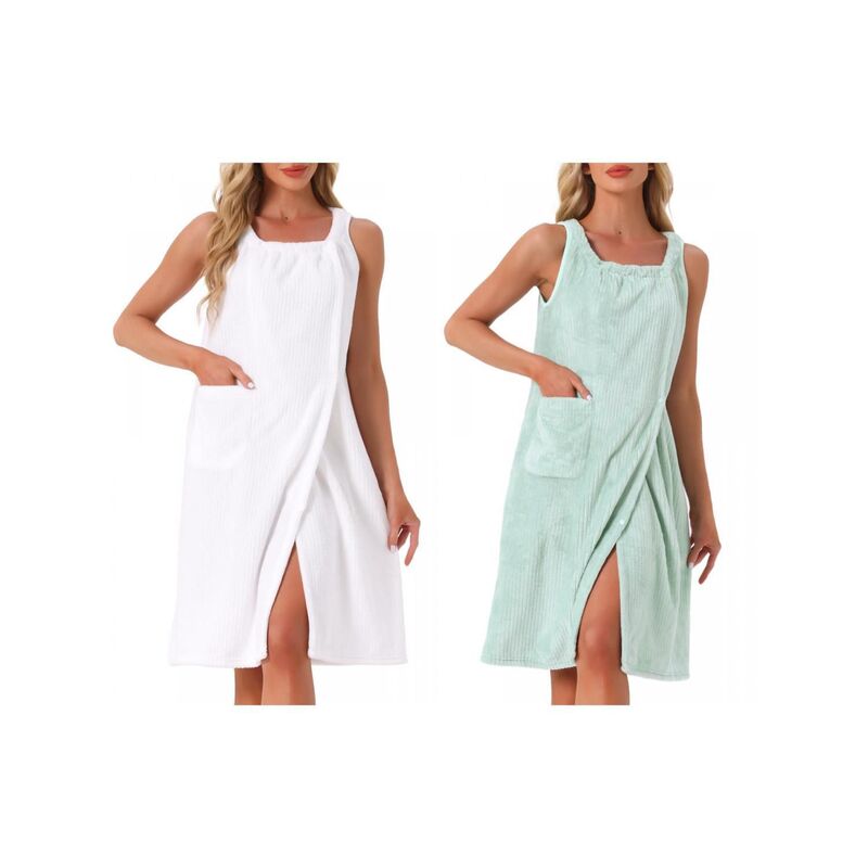 インスパイア シック レディース アンダーウェア ナイトウェア ひざ丈 ノースリーブ INSPIRE CHIC 2 Packs Women's Bath Robe Sleevelessoft Lightweight Bathrobes Cute Knee Length Robe with Pockets White Green ホワイト