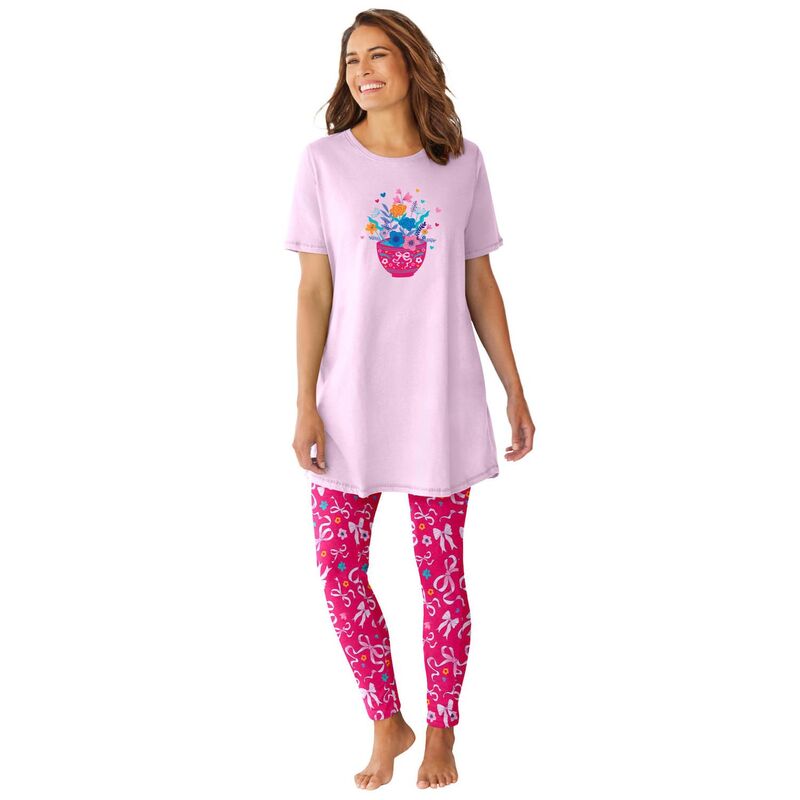 ドリームスアンドコー レディース アンダーウェア ナイトウェア プラスサイズ グラフィック Dreams & Co. Plusize Graphic Tunic PJ Set Shell Pink Bows ピンク