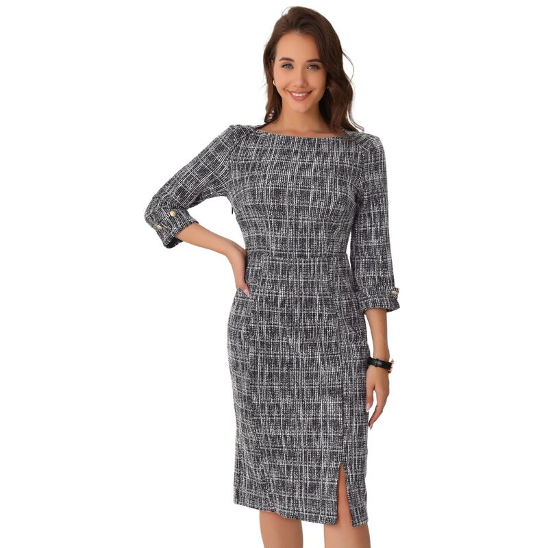 インスパイア シック レディース トップス ワンピース ツイード INSPIRE CHIC Tweedress for Women's Elegant Boat Neck 3/4 Sleeve Work Dress Black ブラック