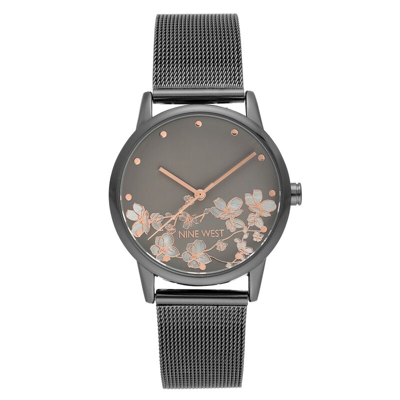 【送料無料】 ナインウェスト レディース 腕時計 アクセサリー Nine West Women's Gray Stainless Steel Mesh Bracelet Watch with Flower Dial Gunmetal