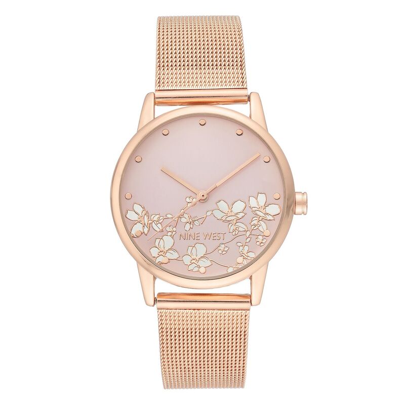 【送料無料】 ナインウェスト レディース 腕時計 アクセサリー Nine West Women's Stainless Steel Mesh Bracelet Watch with Flower Dial Rose Gold Tone