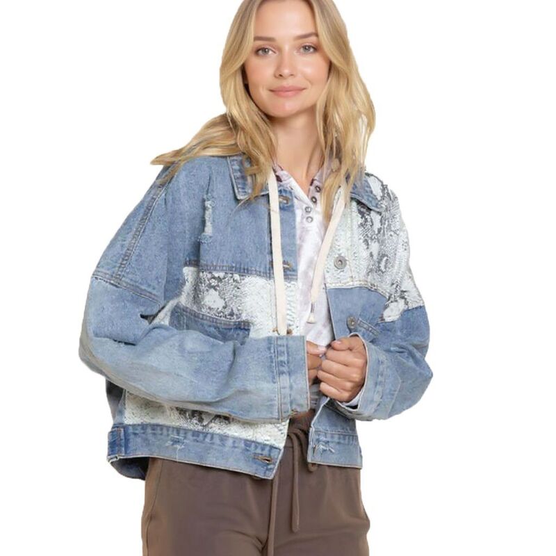 コジョイン レディース アウター ジャケット・ブルゾン ボタンダウン クロップド デニム Kojooin Women Button Down Croppedistressedenim Jackets Python Print デニム