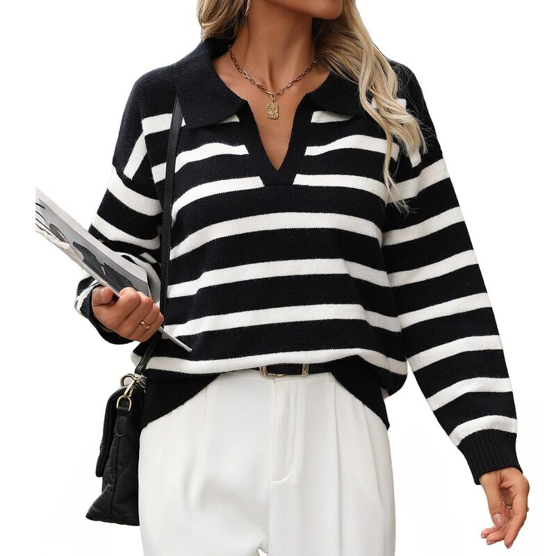 クリアラブ レディース アウター ニット・セーター Vネック ポロシャツ Clearlove Women ’ s Polo Sweater Striped Collared Lightweight Long Sleeve V Neck Pullover Sweater Tops Black ブラック