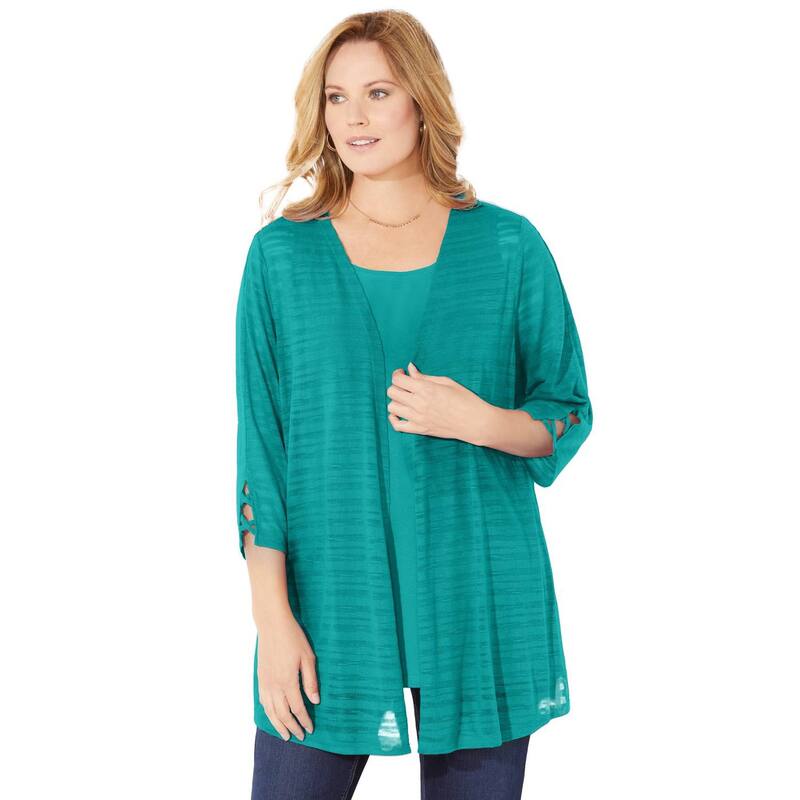 キャサリンズ レディース アウター ニット・セーター プラスサイズ プチ カーディガン Catherines Women's Plusize Petite Shadowstripe Burnout Cardigan Waterfall