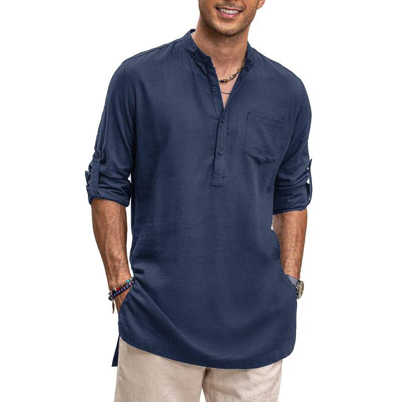 クーファンディ レディース トップス Tシャツ コットン リネン COOFANDY Mens Cotton Linen Shirts Long Sleeve Collarless Henley Shirts Casual Kurta with Pocket Navy Blue ネイビー