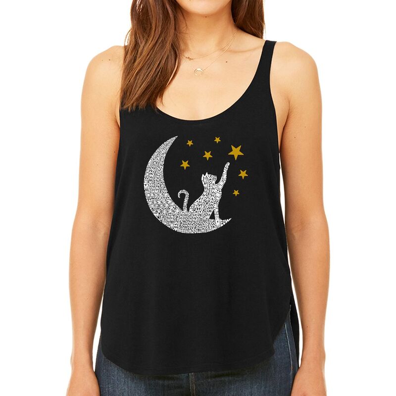 【送料無料】 エルエーポップアート レディース Tシャツ トップス Cat Moon - Women's Premium Word Art Flowy Tank Top Black