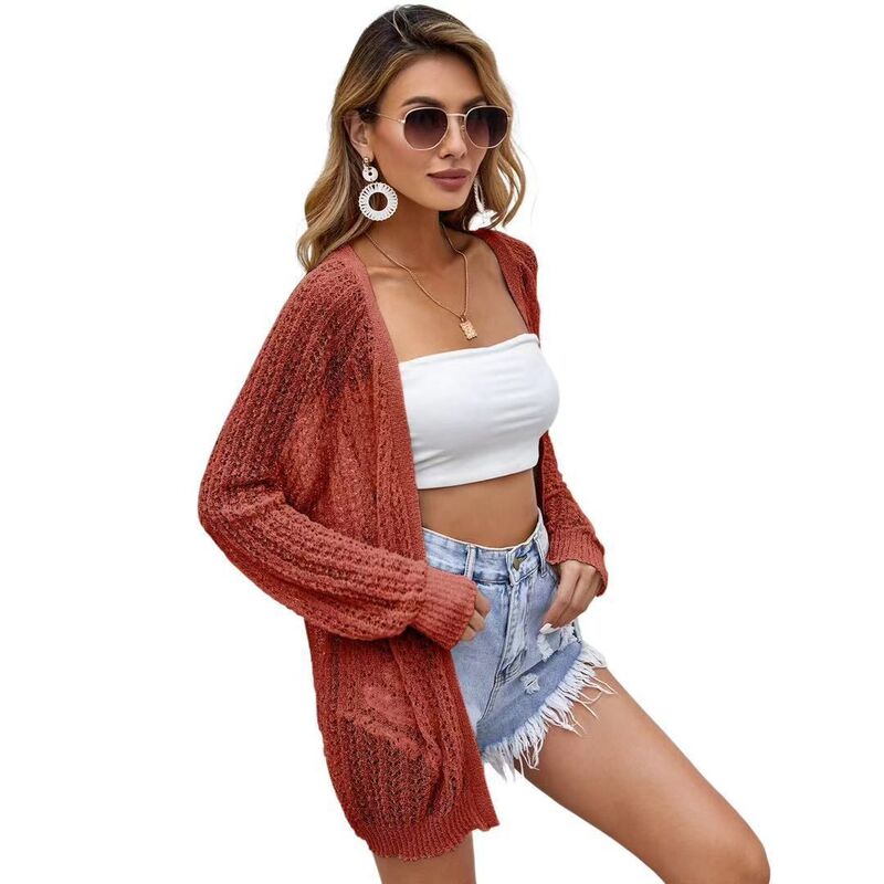 クリアフラワー レディース アウター ニット・セーター カーディガン ClearFlower Summer Cardigan Women Lightweight Long Sleeve Solid Color Soft Breathable Coverust Red レッド