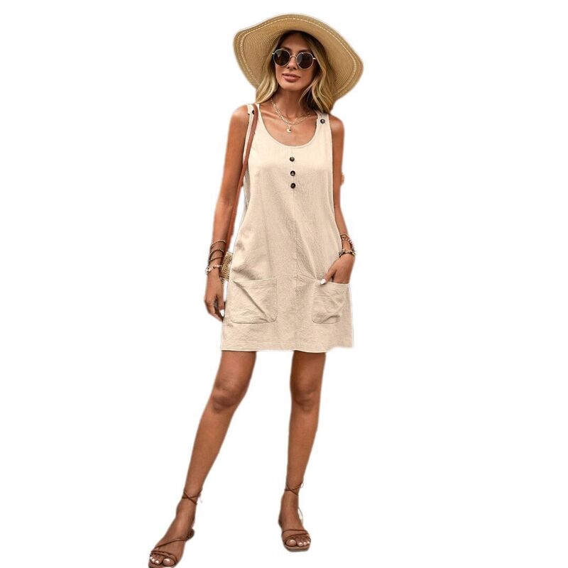 イエスファッション レディース トップス ワンピース シャツ ノースリーブ Yesfashion Women'summer Dressesolid Color U-Neck Button Sleevelesshirt Style Tank Dresse Mid Length White ホワイト
