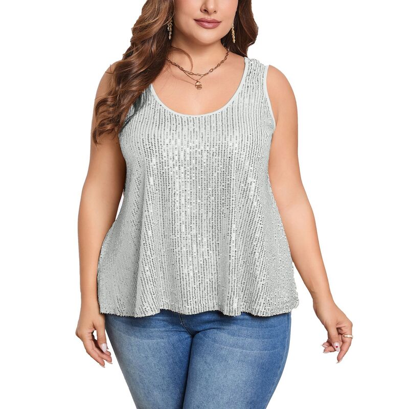 ミスキー レディース トップス ワンピース プラスサイズ ベスト シャツ スパンコール ノースリーブ MISSKY Sequin Tops Plusize Glitter Tank Top Sleevelessparkle Shimmer Shirtops Camisole Vest Silver シルバー