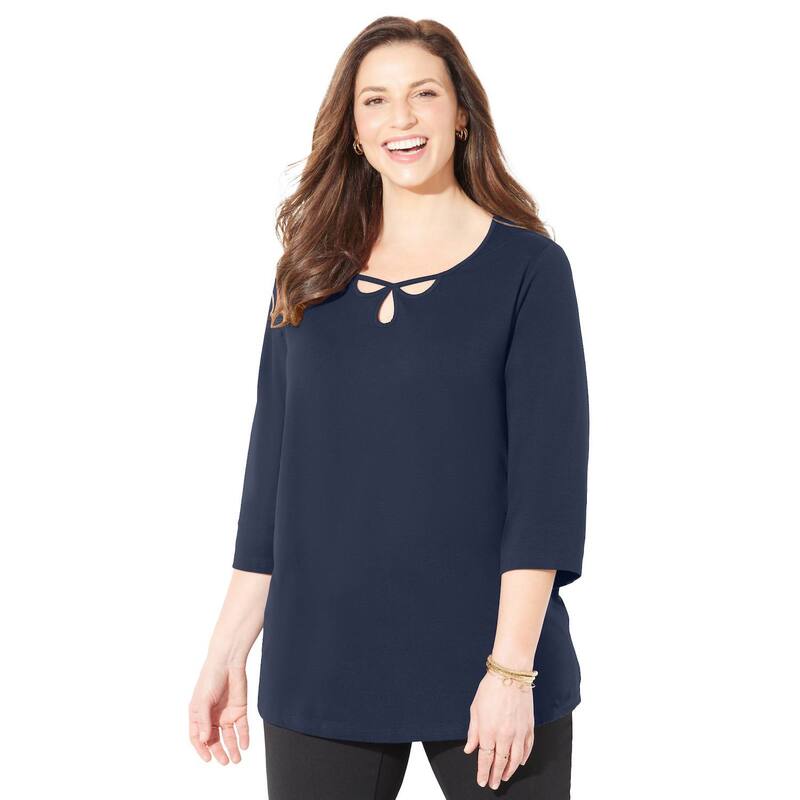 キャサリンズ レディース トップス Tシャツ プラスサイズ Catherines Women's Plusize Suprema Triple Keyhole Tee Navy ネイビー
