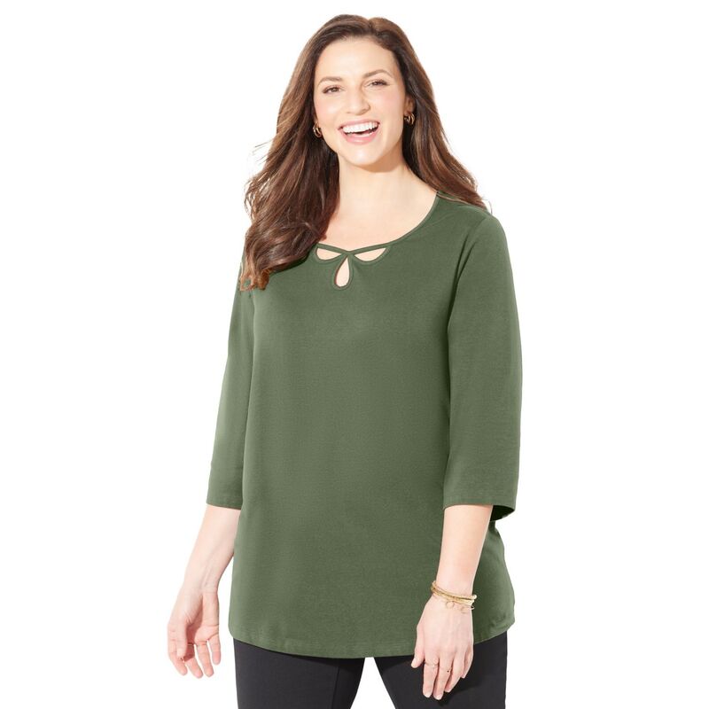 キャサリンズ レディース トップス Tシャツ プラスサイズ Catherines Women's Plusize Suprema Triple Keyhole Tee Olive Green グリーン