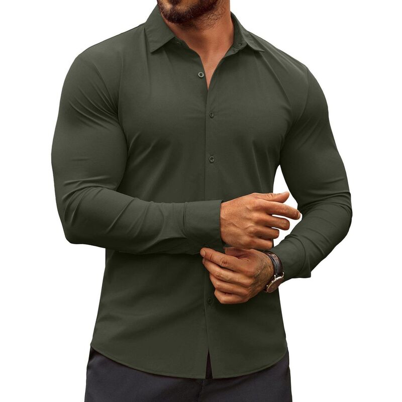 クーファンディ レディース トップス Tシャツ COOFANDY Men's Dresshirts Long Sleeve Casual Shirt Stretch Muscle Fit Shirt Olive Green グリーン