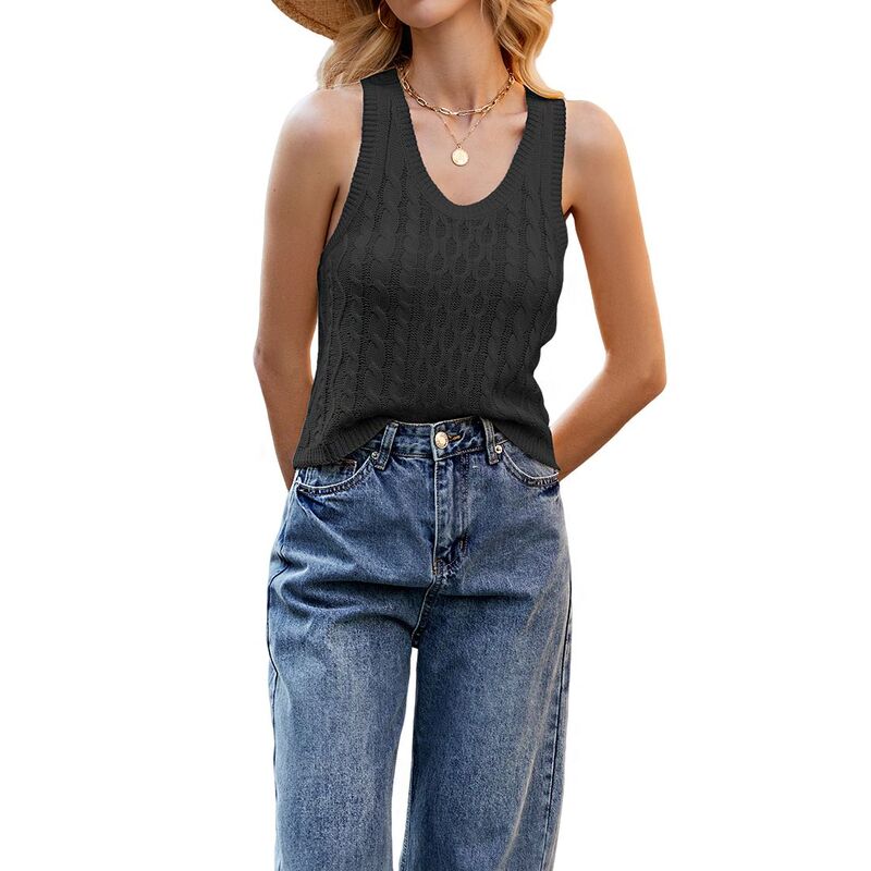 エリートスピリット レディース トップス Tシャツ ノースリーブ ニット EliteSpirit Women'sleeveless Cable Knit Crop Top with U Neckline and Wide Racerback Straps Black ブラック