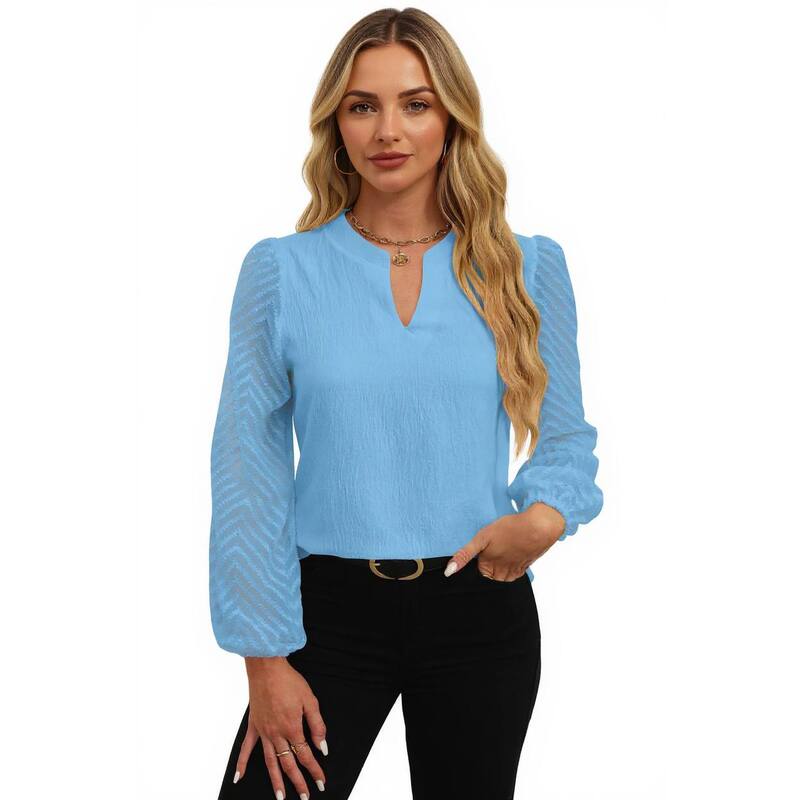 セオリア レディース トップス シャツ シアー Seoria Women Dressy Casual Top Elegant Sheer Long Sleeve Shirt Light Blue ブルー