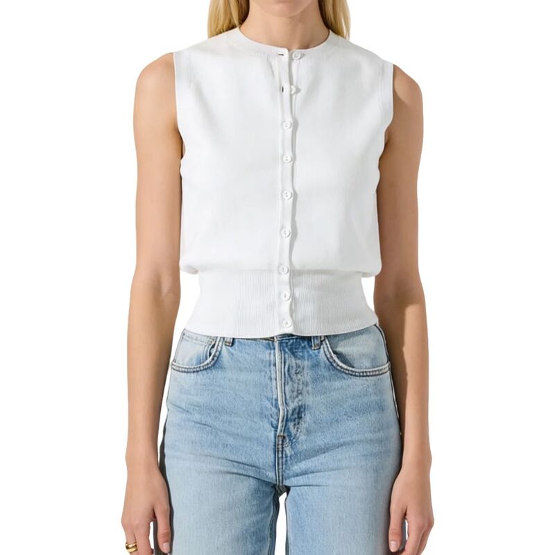 エリートスピリット レディース トップス シャツ クルーネック ノースリーブ クロップド ブラウス ニット EliteSpirit Women'sleeveless Crew Neck Button Front Knitank Top Cropped Blouse White ホワイト