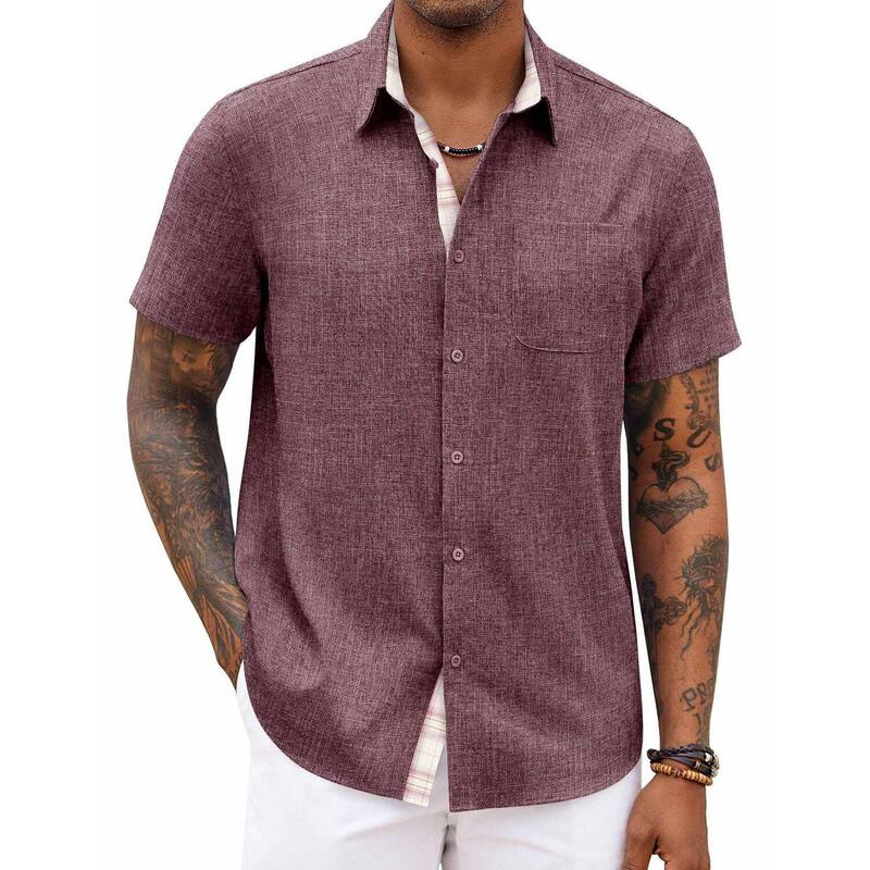 クーファンディ レディース トップス Tシャツ ボタンダウン COOFANDY Men' Button Down Shirtshort Sleeve Casual Shirtsummer Beach Shirts Vacation Wedding Red レッド