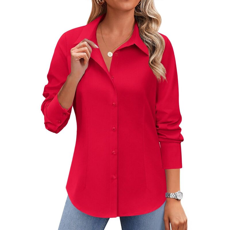 ジーグー レディース トップス シャツ ボタンダウン ブラウス Zeagoo Women's Long Sleeve Wrinkle-Free Button Down Blouse Collared Office Work Top Red レッド