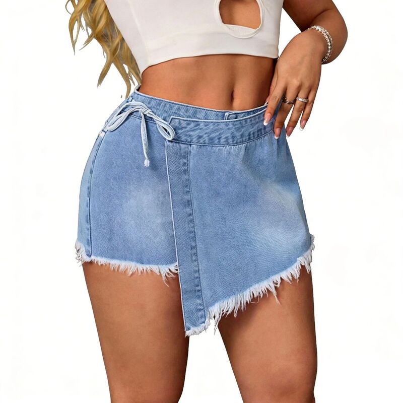 クリアフラワー レディース ボトムス ハーフパンツ・ショーツ アシンメトリー ショートパンツ デニム ClearFlower Women's Irregular Hem Denim Skort Asymmetric Wrap Front Frayedenim Shorts Blue ブルー