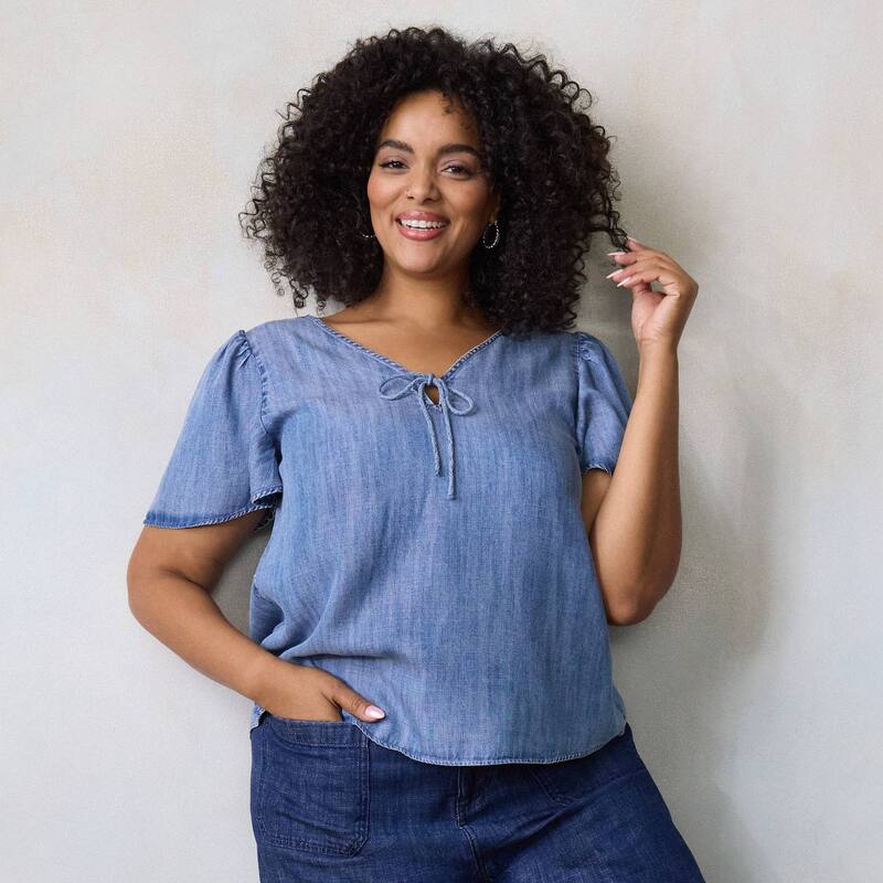 LC Lauren Conrad レディース トップス シャツ Vネック プラスサイズ ブラウス Plusize LC Lauren Conrad Tie Key Hole Flutter Woven Short Sleeve V-Neck Blouse Medium Blue Wash ブルー