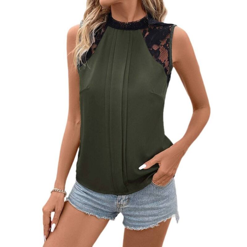 ボディサイズ レディース トップス シャツ フラワー柄 ノースリーブラウス レース フラワー BODDYSIZE Women's Casual Elegant Loose Blouse Lace Floral Sleeveless Tops Blouses Tank Shirts Army Green グリーン