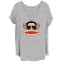 【送料無料】 ライセンス キャラクター レディース Tシャツ トップス Juniors' Plus Size Paul Frank Julius The Monkey Headphones V-Neck Graphic Tee Heather Grey
