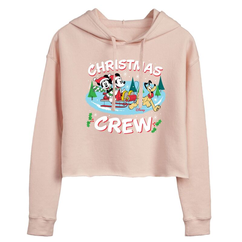 【送料無料】 ライセンス キャラクター レディース Tシャツ トップス Disney's Mickey & Minnie Mouse & Pluto Juniors' Christmas Crew Cropped Hoodie Pinkのサムネイル