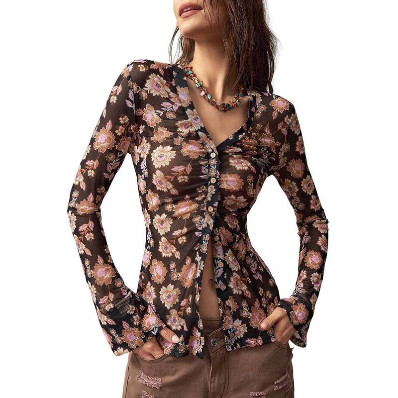 セオリア レディース トップス Tシャツ Vネック フラワー柄 プリント ギャザー シアー フラワー Seoria Long Sleeves V Neck Ruched Floral Print Sheer Topattern