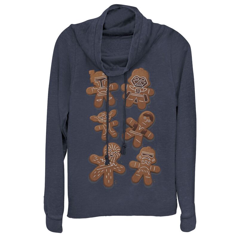 【送料無料】 スター ウォーズ レディース Tシャツ トップス Juniors' Star Wars Christmas Gingerbread Wars Cowlneck Graphic Lightweight Long Sleeve Navyのサムネイル
